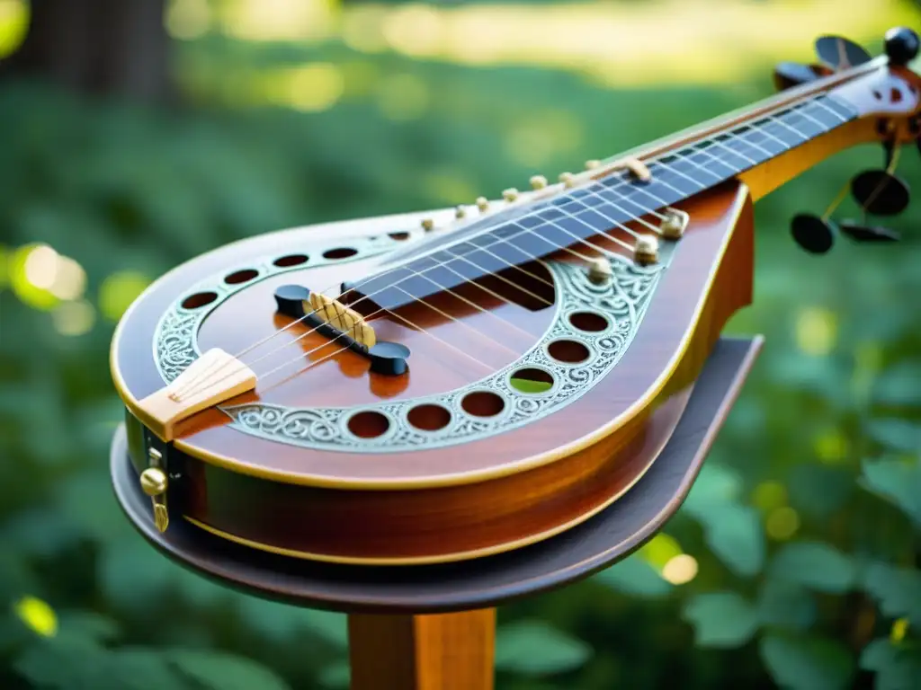 Detalle de Nyckelharpa sueco en el bosque: rescate de la tradición musical