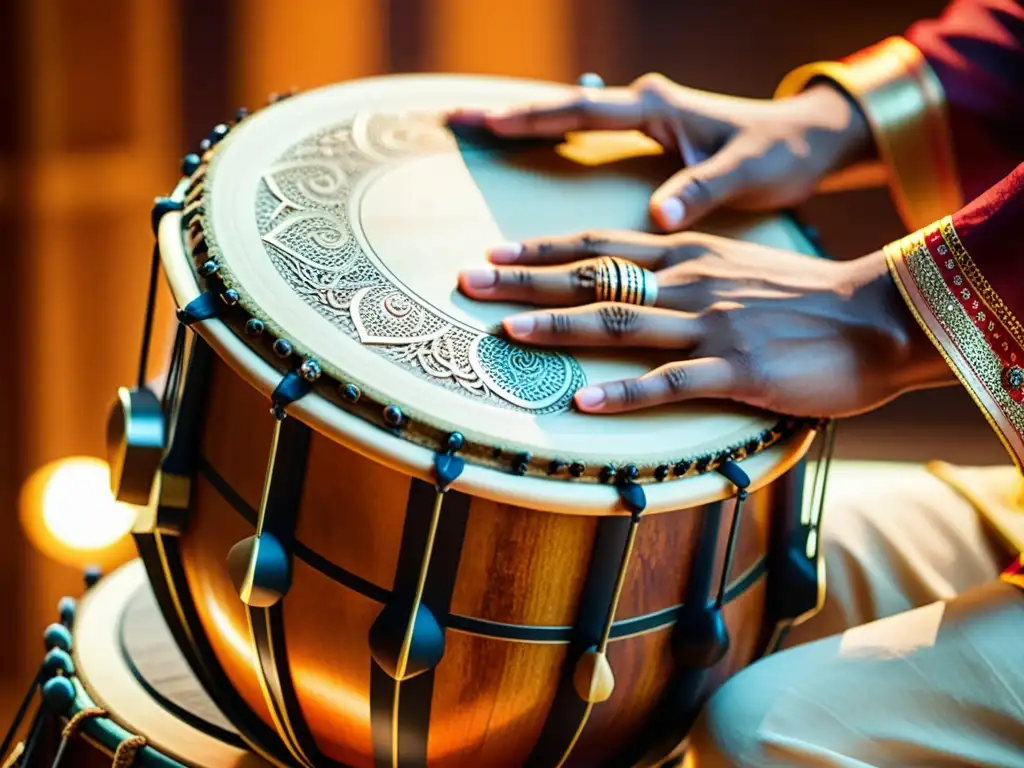 Detalle de una tabla con intrincados grabados, iluminada en tonos cálidos