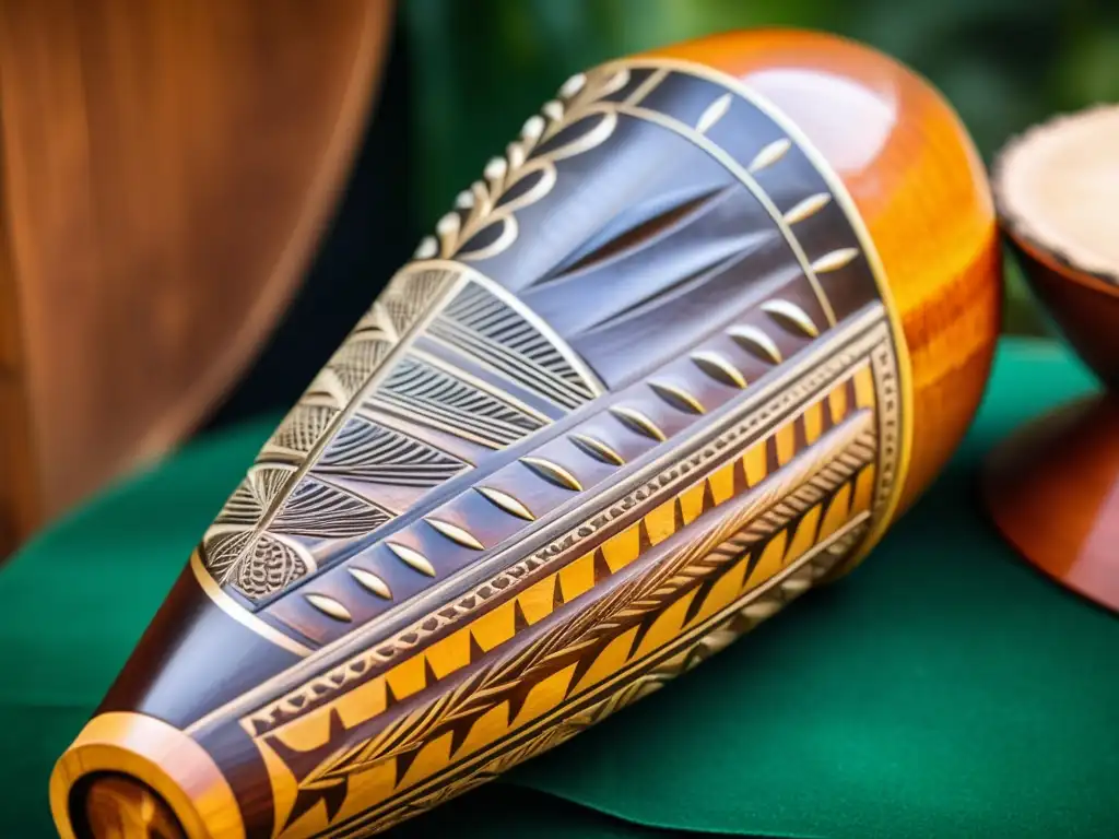 Detalle del tallado en madera del Instrumento de percusión Ekwe Igbo, reflejando la artesanía y significado cultural