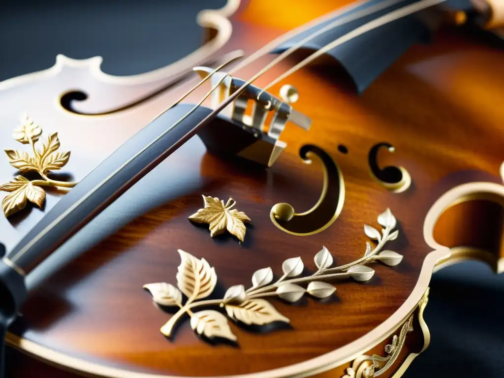 Detalle del tallado en madera y marquetería de un violín Stradivarius histórico, destacando la artesanía y conservación del instrumento