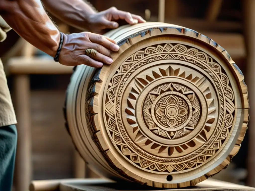 Detalle del tallado a mano de un tambor de troncos tradicional, resaltando la historia y construcción del log drum con texturas de madera ricas