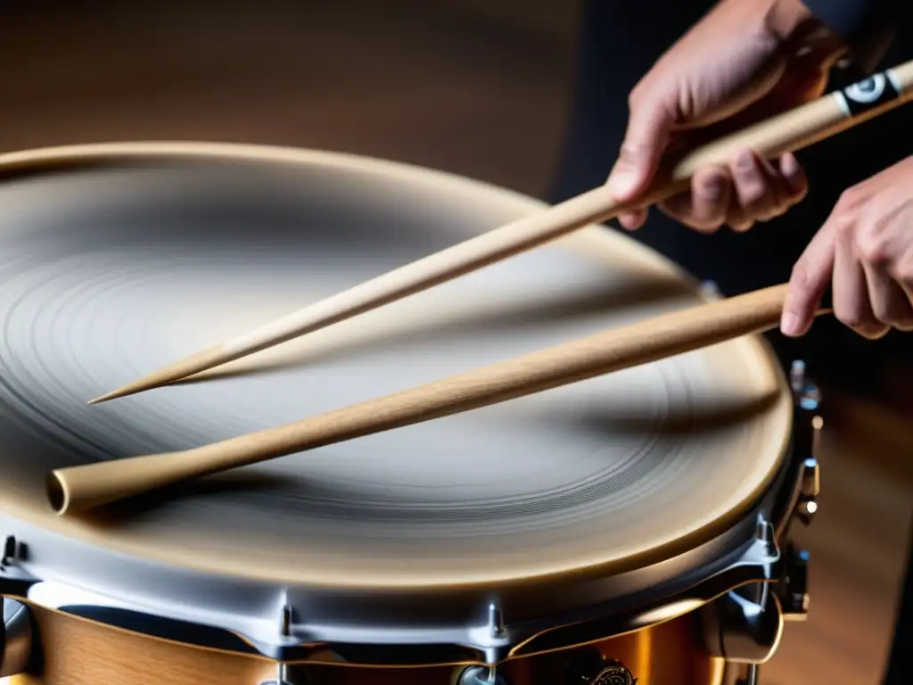 Detalle de un tambor siendo tocado, mostrando la tensión, material y calidad de sonido en la percusión