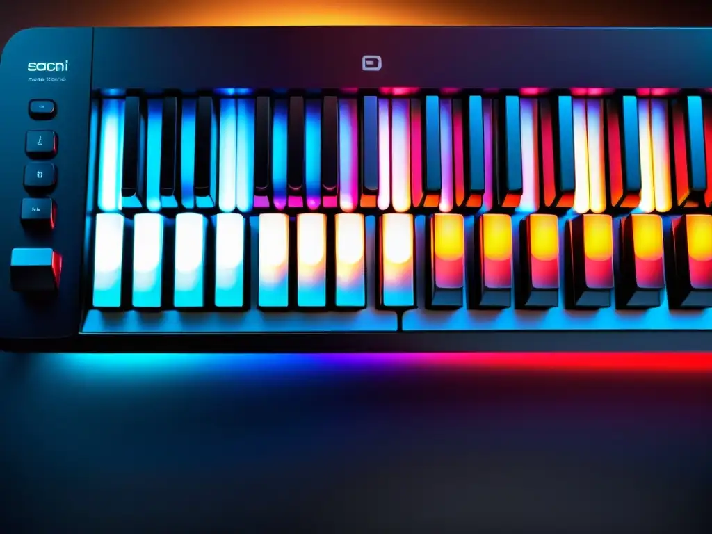 Detalle de teclado digital moderno con retroiluminación, diseño elegante y tecnología avanzada, impacto en la técnica pianística contemporánea