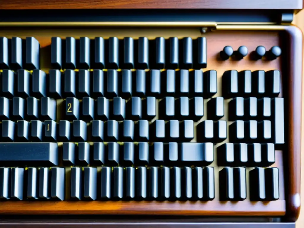 Detalle de teclado neumático vintage, resaltando su diseño intrincado y su importancia en la música sacra