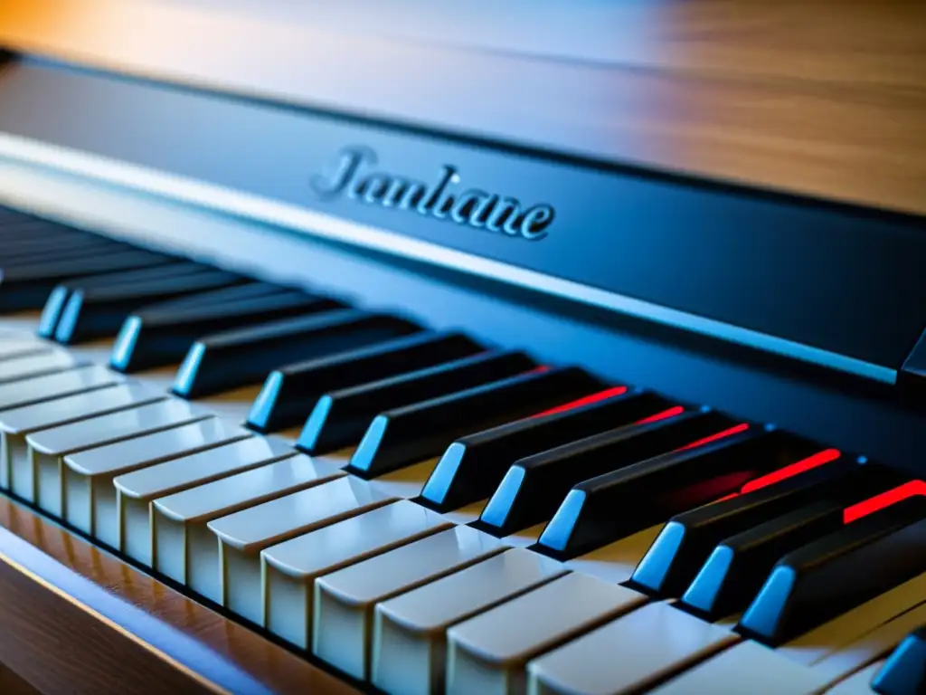 Detalle de teclado de piano digital con textura y desgaste, destacando la tecnología moderna y la musicalidad