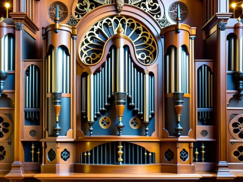 Detalle de teclados neumáticos música sacra en majestuoso órgano histórico, iluminado cálidamente, exudando solemnidad y reverencia
