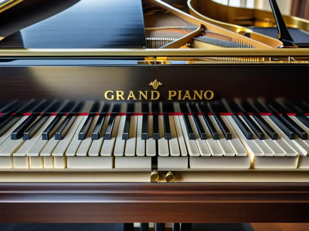 Detalle de teclas, cuerdas y martillos de un piano de cola, iluminado cálidamente