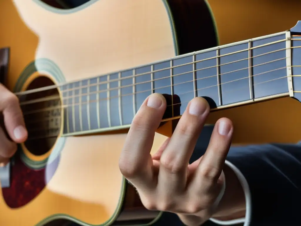 Detalle de la técnica slide guitarra acústica: mano de guitarrista deslizando slide sobre cuerdas, transmitiendo maestría musical y destreza técnica