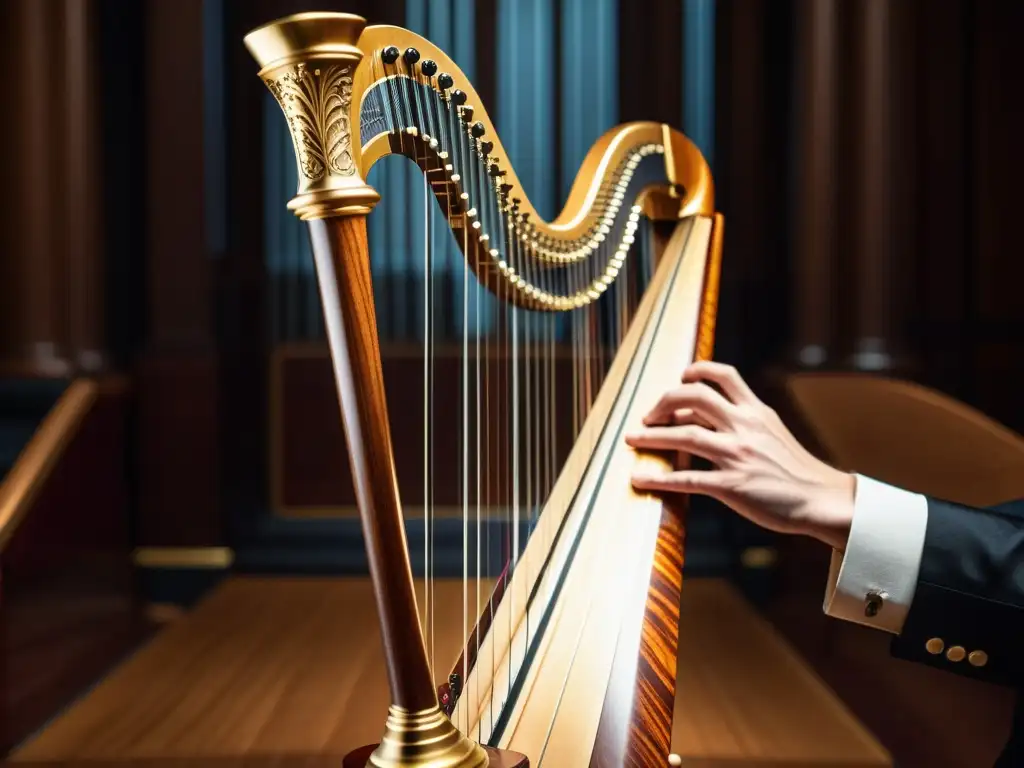 Detalle de la técnica del arpa en orquesta, mostrando la elegancia de sus curvas y la destreza del músico al tocar las cuerdas