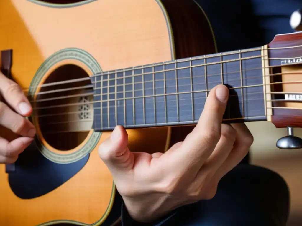 Detalle de la técnica cejilla acordes guitarra completa, mostrando destreza y precisión en la formación de acordes en una guitarra clásica