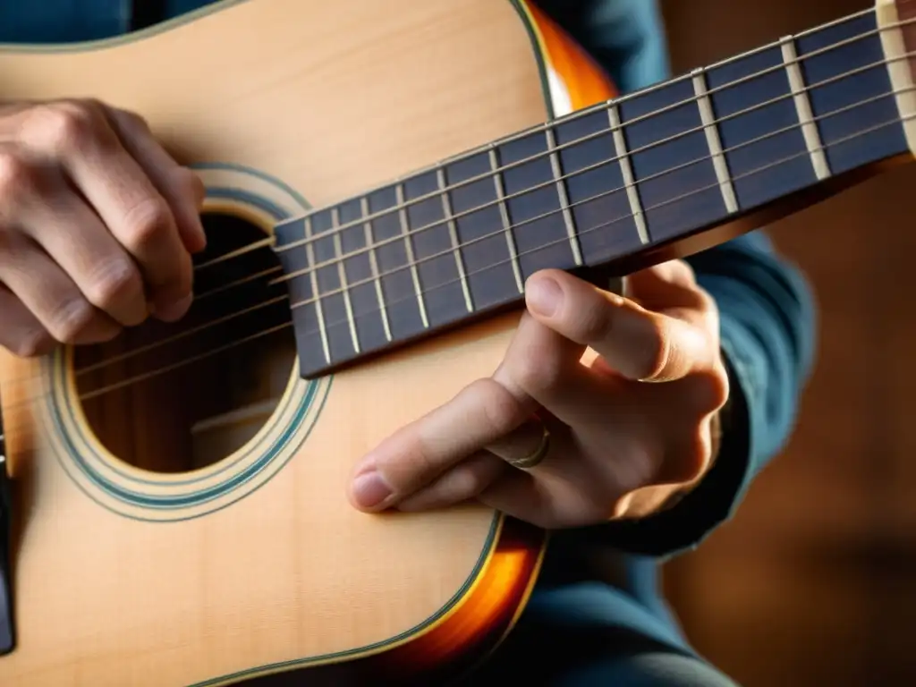 Detalle de la técnica cejilla en la guitarra acústica, mostrando la formación de acordes completos con callos en los dedos