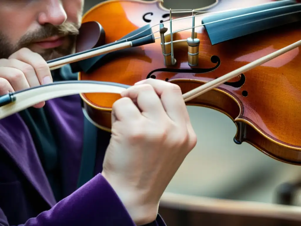 Detalle de la técnica col legno violín viola, con la mano del músico ejecutando la percusiva técnica y la iluminación realzando texturas y matices