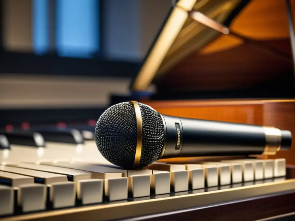 Detalle de técnicas de grabación estéreo de instrumentos musicales capturado en una sesión de piano