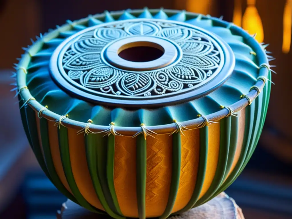 Detalle de teponaztli, instrumento percusivo mexicano tallado en cactus, resaltando la belleza natural del material y su importancia cultural