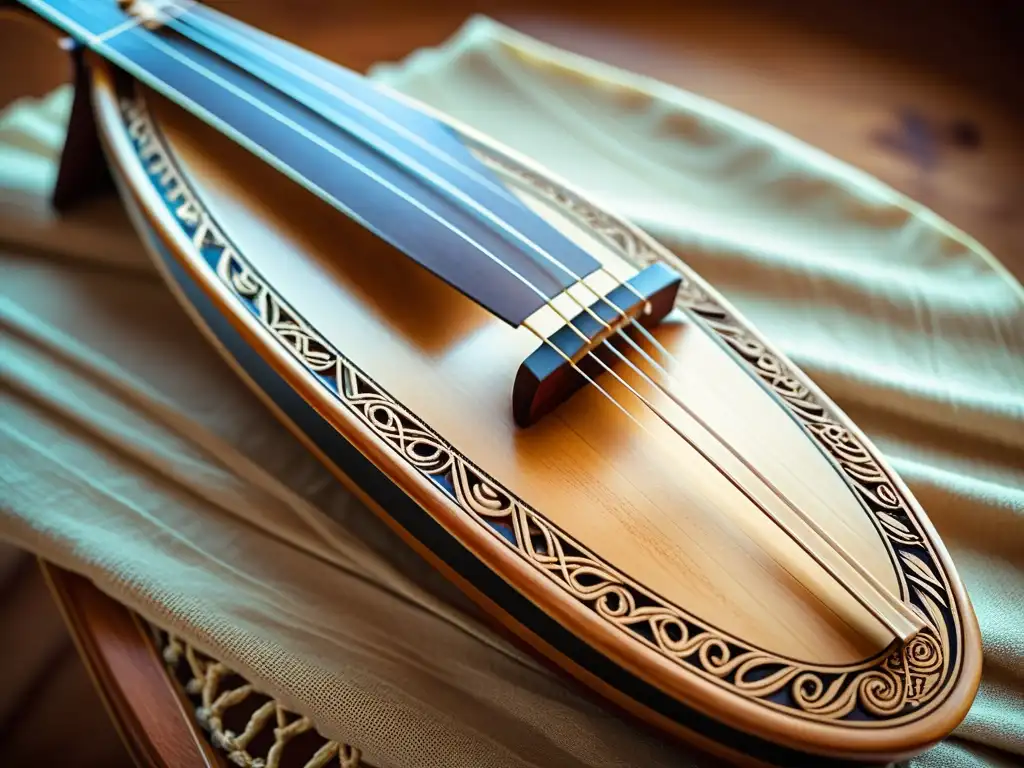 Detalle de un kantele finlandés tradicional, con tallados intrincados en madera y cuerdas delicadas, iluminado por luz natural