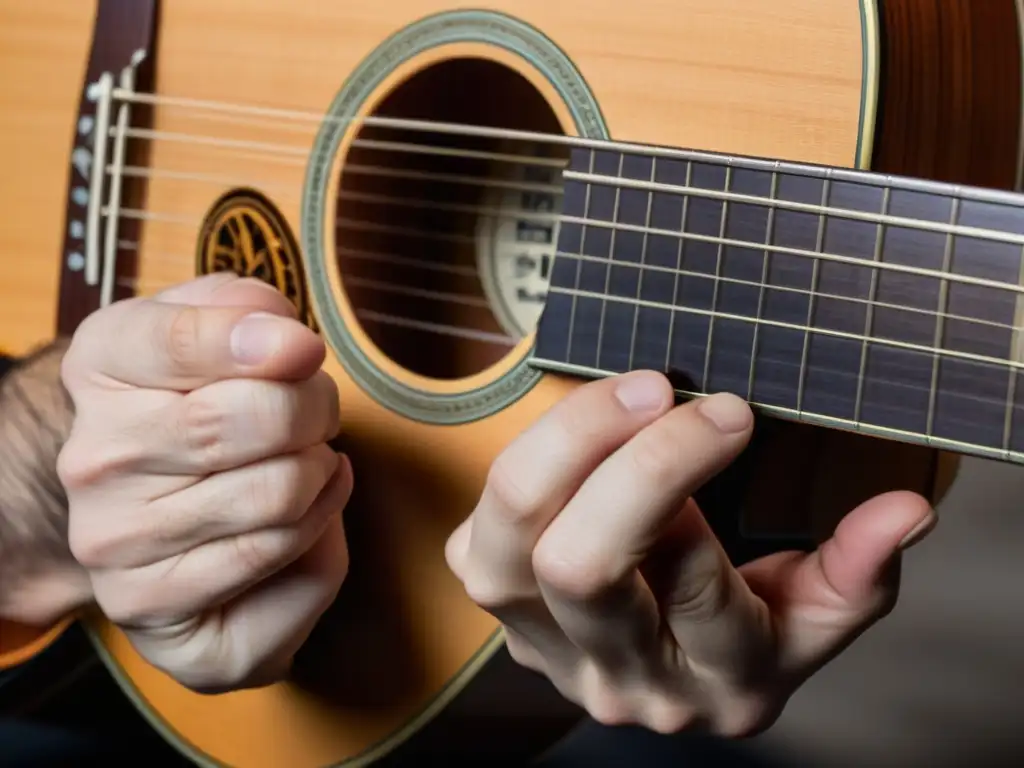 Detalle del trémolo en guitarra clásica: los dedos del músico ejecutan la técnica con precisión y elegancia, mostrando la destreza y pasión