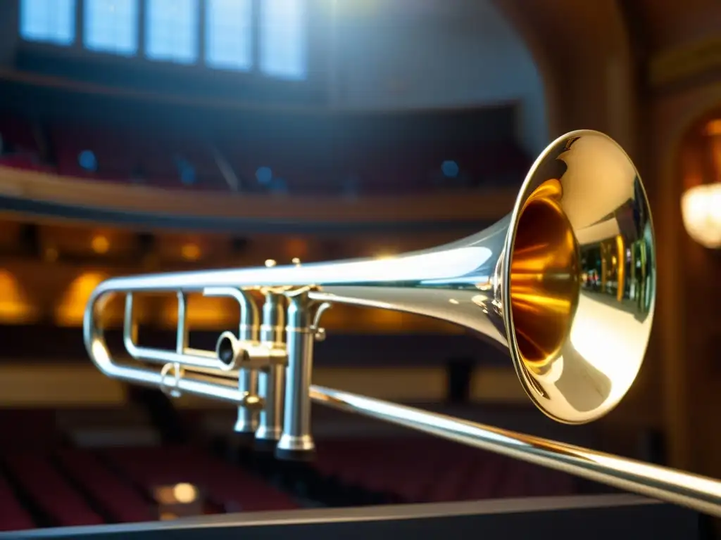 Detalle de trombón moderno con diseño ergonómico, destacando sus curvas metálicas y sistema de válvulas