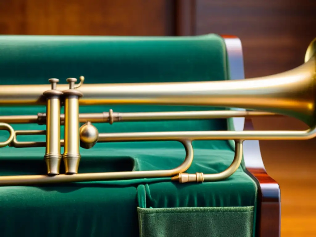 Detalle de un trombón vintage, con grabados detallados y pátina de antigüedad