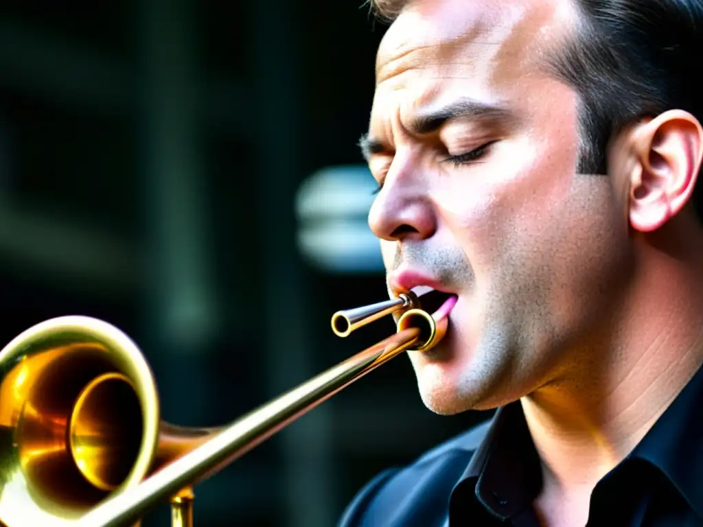 Detalle de un trombonista tocando, mostrando la sonoridad del trombón con latón y la destreza facial requerida para producir el sonido