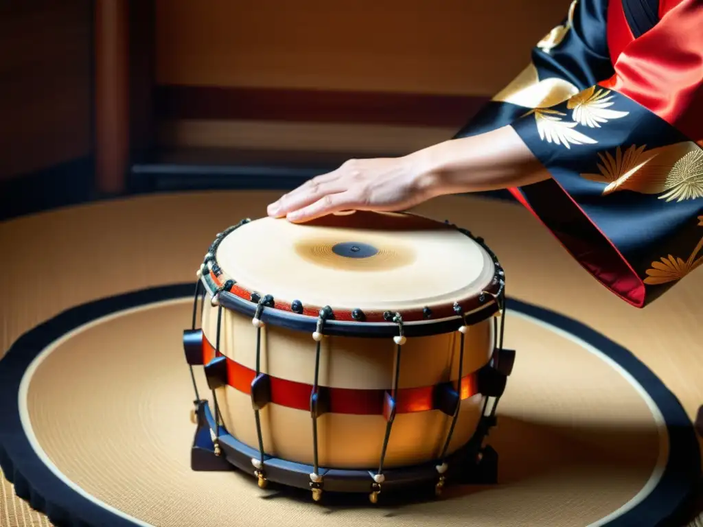 Detalle del tsuzumi japonés durante una actuación ceremonial, mostrando la artesanía y sonido del tsuzumi japonés