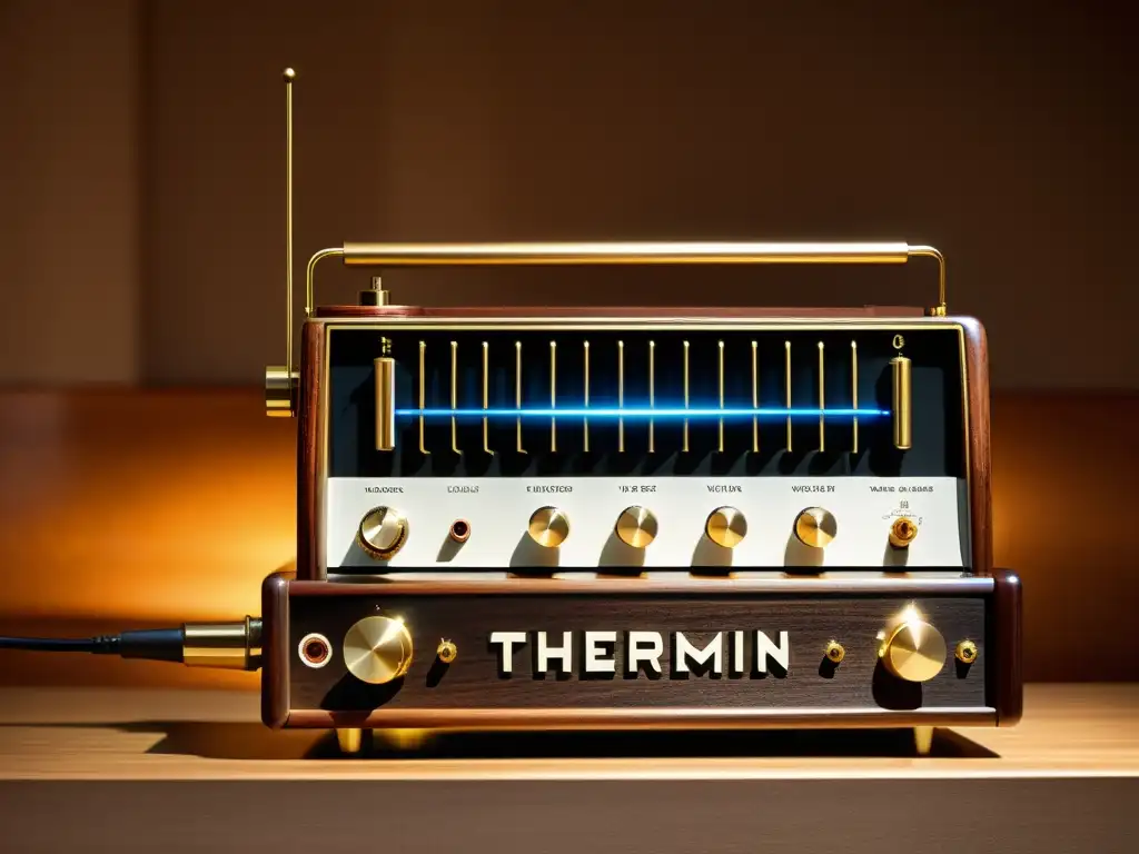 Detalle de theremín vintage con tubos de vacío iluminados, antigua artesanía y la historia del theremín en la música