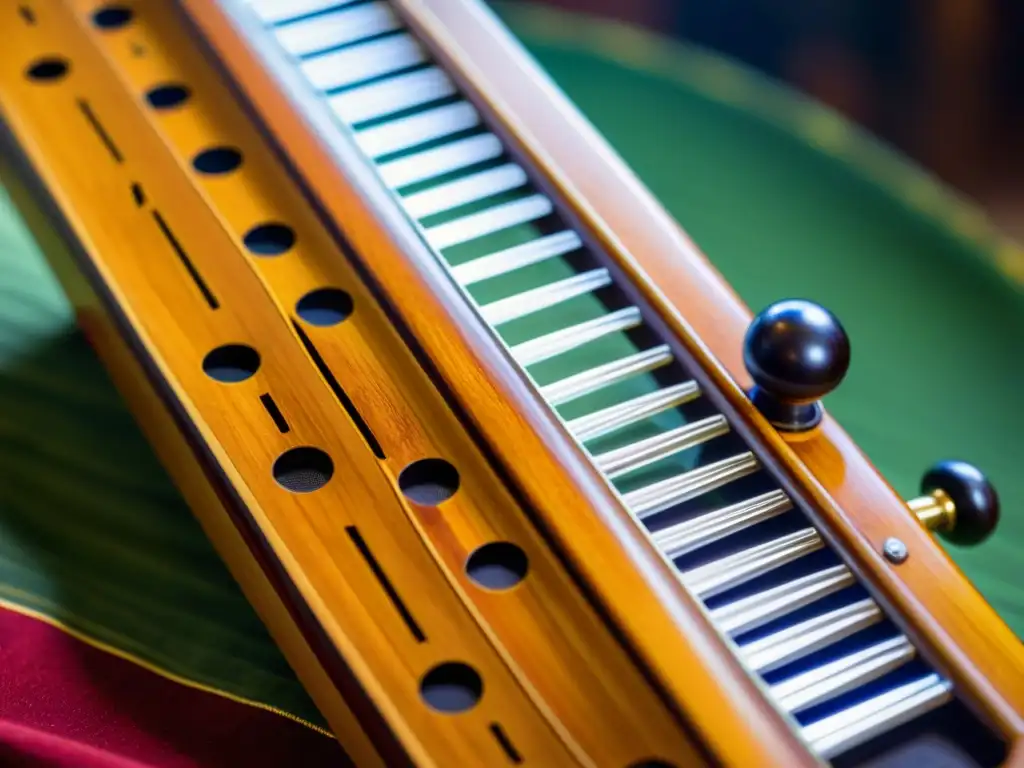 Detalle de la Valiha Malgache, cítara tubular de sonido único, resaltando su artesanía e historia cultural de Madagascar