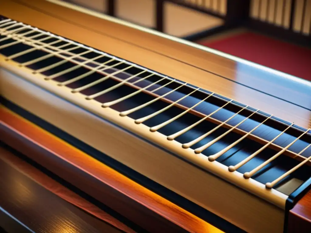 Detalle ultradetallado de un koto japonés tradicional, con intrincada madera y delicadas cuerdas, resaltando su historia y belleza atemporal