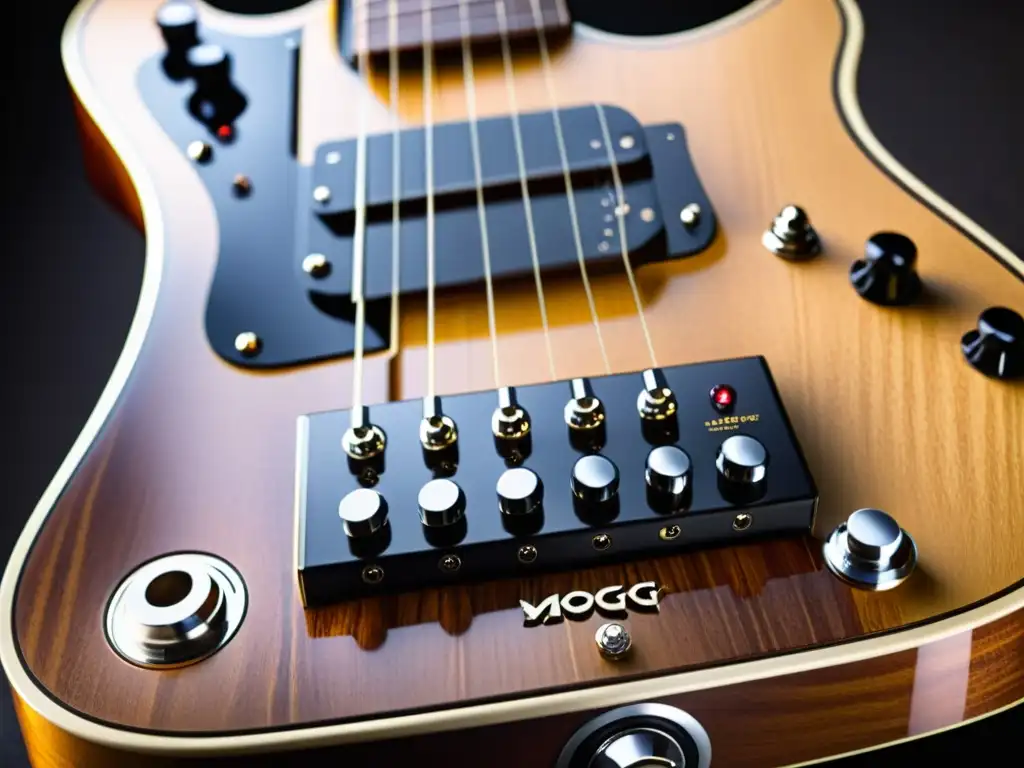 Detalle ultradetallado del mástil de la Moog Guitar, fusionando sintetizador y elementos de guitarra