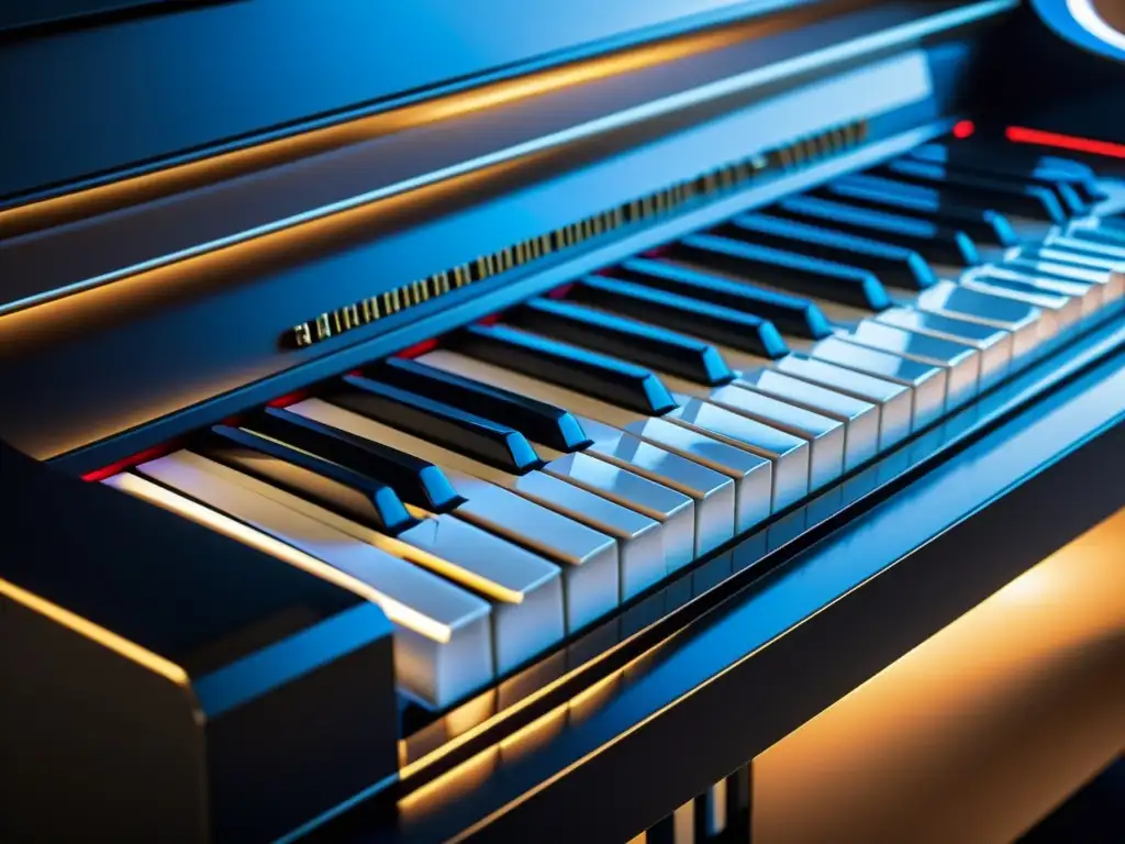 Detalle ultradetallado de las teclas de un piano digital, resaltando la evolución tecnológica musical