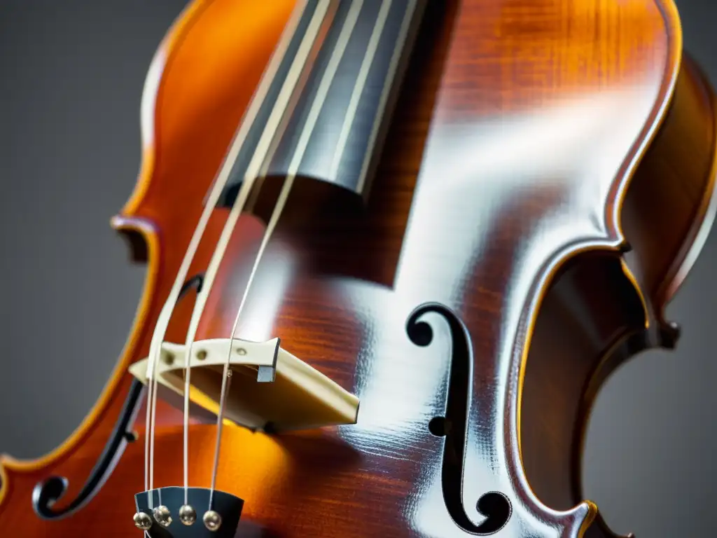Detalle ultrarrealista de un violín Stradivarius, resaltando la artesanía y calidez de la madera