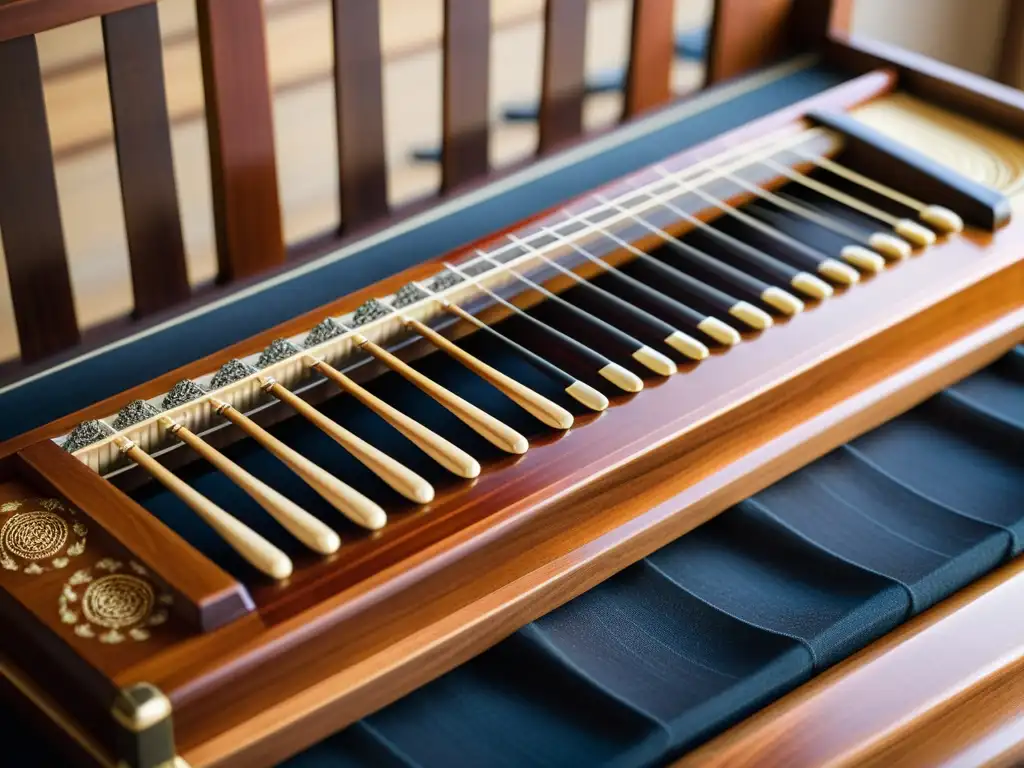 Detalle ultrarrealista de un gayageum coreano, resaltando su elegante artesanía, cuerdas y armonía de madera en cálida luz natural