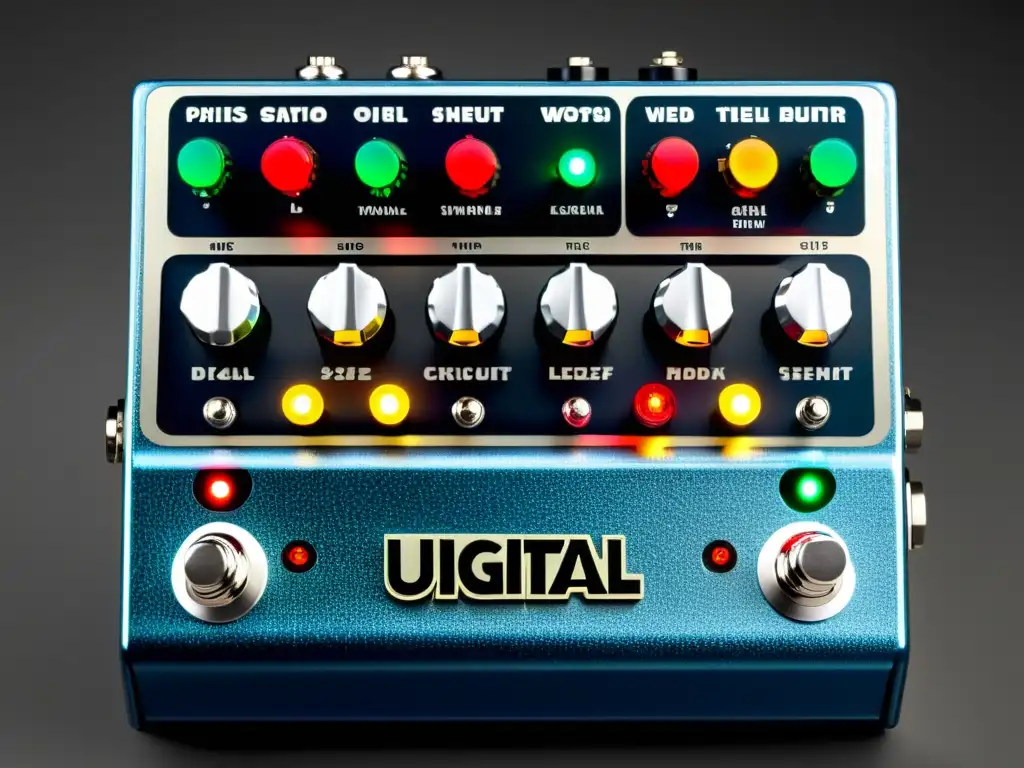 Detalle ultrarrealista de un pedal de modelado digital, con sus botones, interruptores e indicadores LED claramente visibles