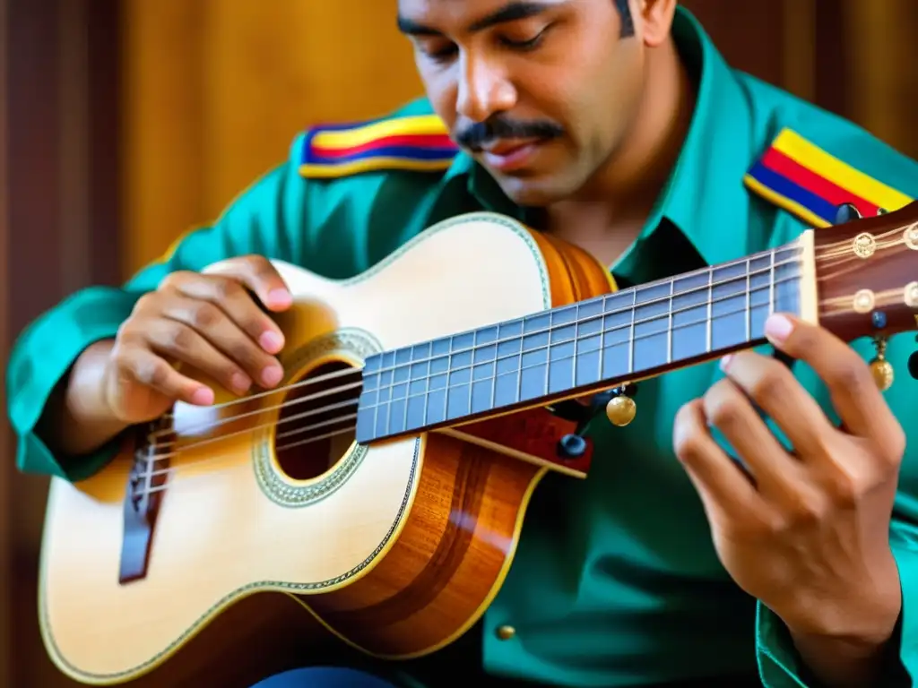 Detalle de un cuatro venezolano, resaltando su artesanía y la pasión de su ejecución, evocando la historia del cuatro venezolano