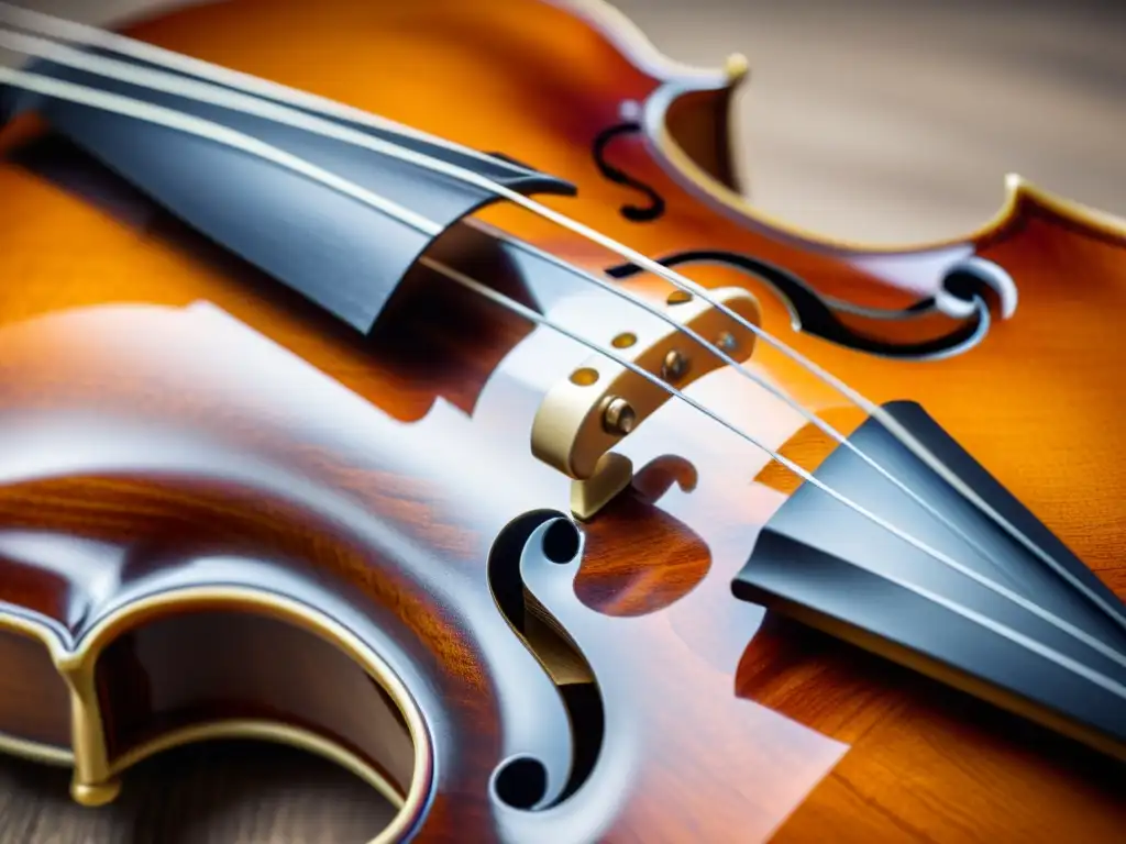 Detalle de la veta de madera y barniz en un violín Stradivarius, destacando la artesanía y conservación de violines clásicos Stradivarius