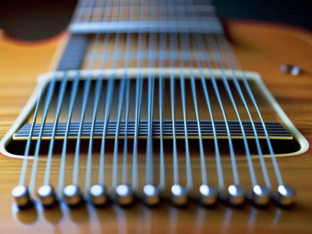 Detalle vibrante de cuerda de guitarra en movimiento, mostrando relación ondas sonoras acordes perfectos