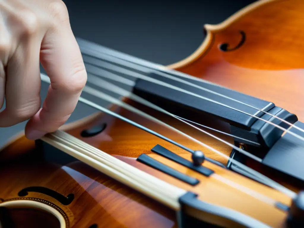 Detalle vibrante de una cuerda de violín al ser pulsada, resaltando la importancia de la disonancia en instrumentos musicales