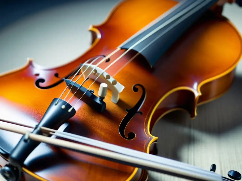 Detalle vibrante del efecto del beating en instrumentos: el puente y las cuerdas de un violín en vibración, capturando la esencia musical