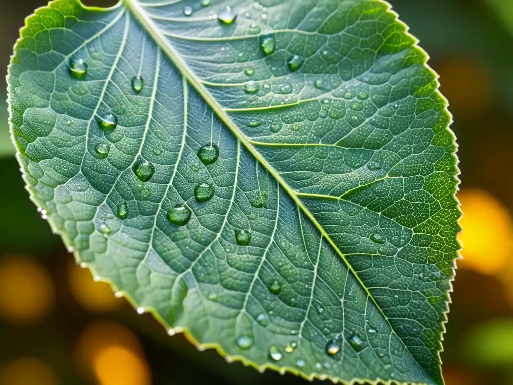 Un detalle vibrante de una hoja verde con intrincadas venas, rocío y flores silvestres