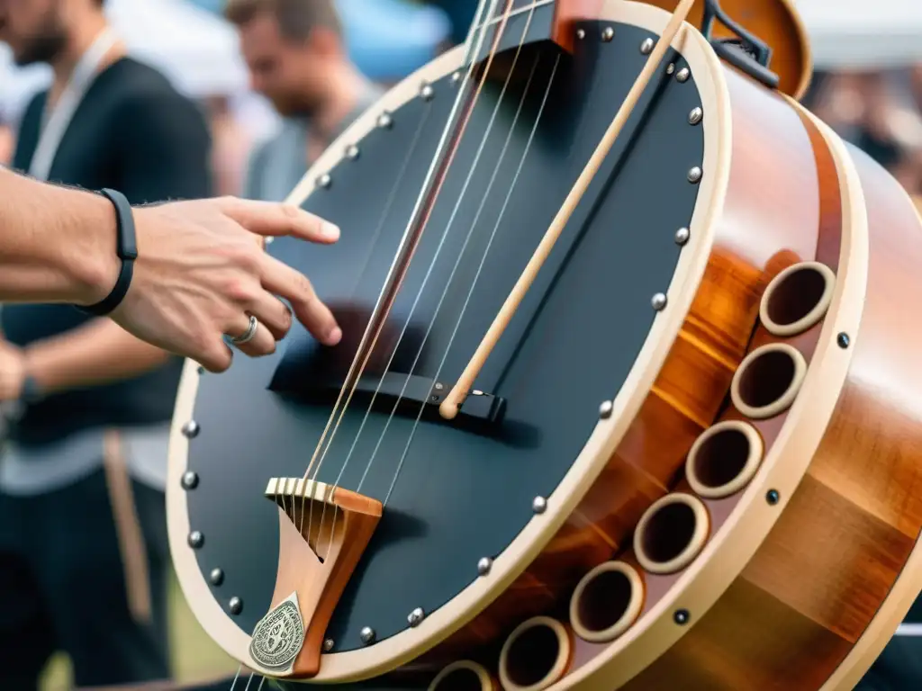 Detalle vibrante de un músico tocando una hurdygurdy en un festival de música moderna