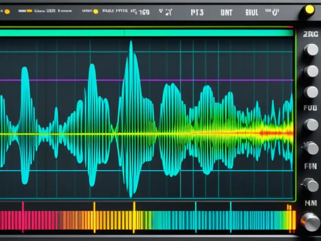 Detalle vibrante de onda sonora en pantalla de osciloscopio, capturando variaciones y frecuencias musicales