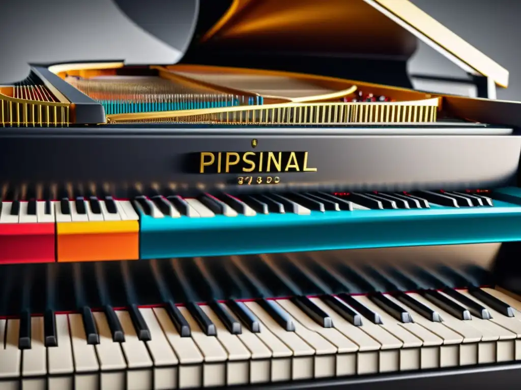 Detalle vibrante de un piano digital: combinación de elementos acústicos y tecnología digital en instrumentos musicales