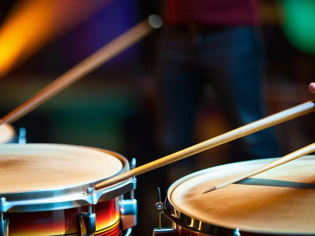 Detalle vibrante de timbales latinos, mostrando artesanía, energía y origen cultural