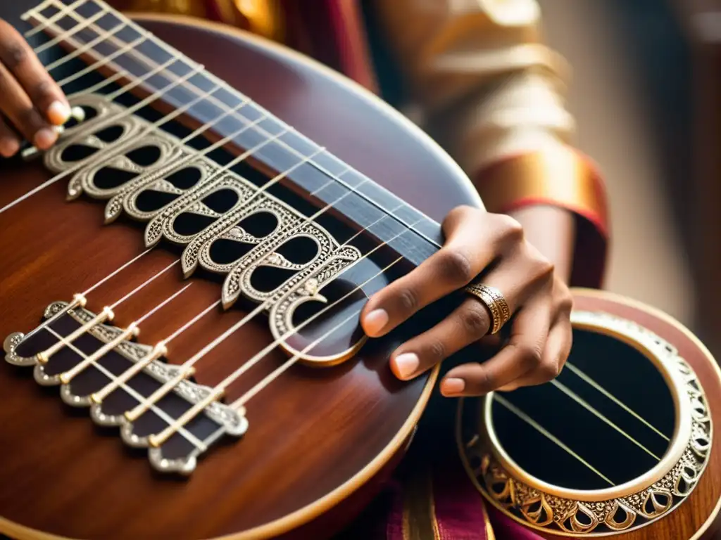 Detalle de un vichitra veena con intrincados grabados y tonos cálidos, resaltando su significado cultural y artesanía musical