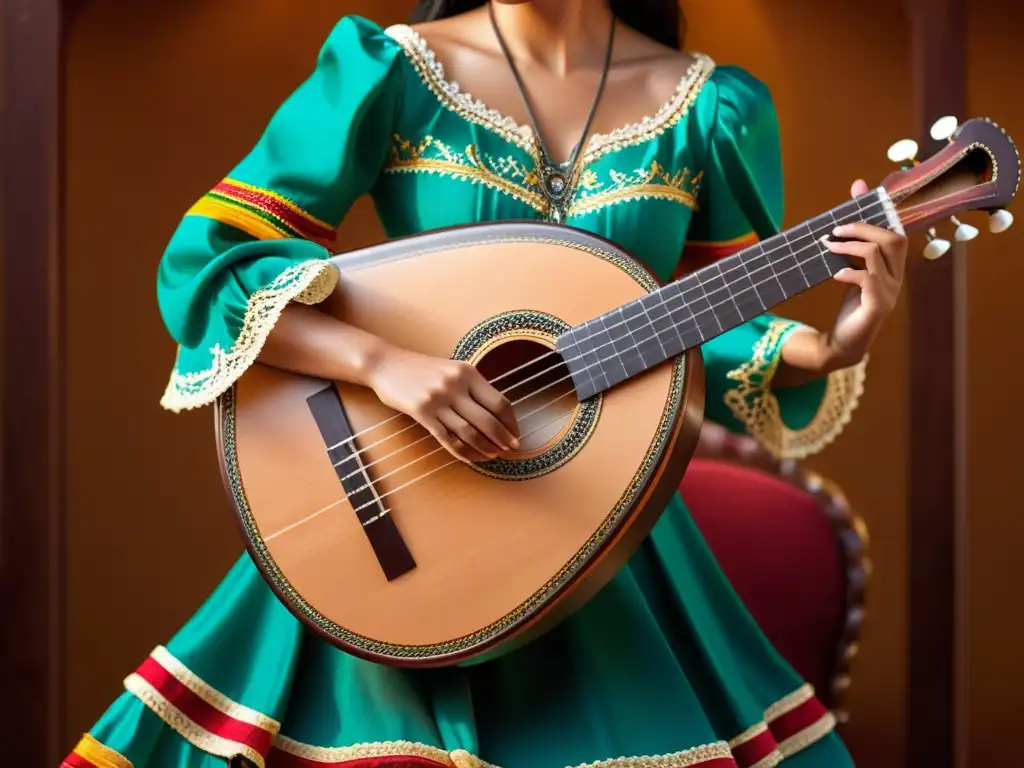 Detalle de una vihuela mexicana, destacando su herencia renacentista y su importancia en la música mariachi