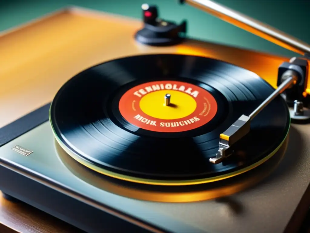 Detalle de vinilo vintage siendo limpiado con cuidado, mostrando surcos e luz