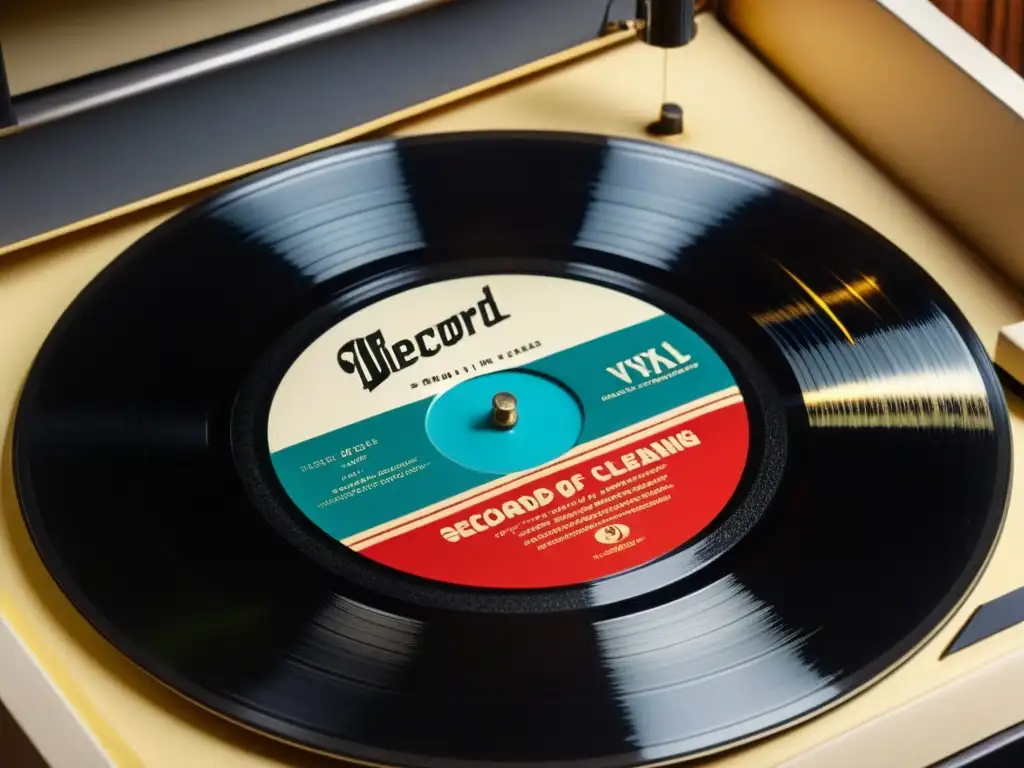 Detalle de vinilo vintage siendo limpiado con cuidado, destacando la importancia de los procesos de limpieza de audio en la restauración de grabaciones históricas