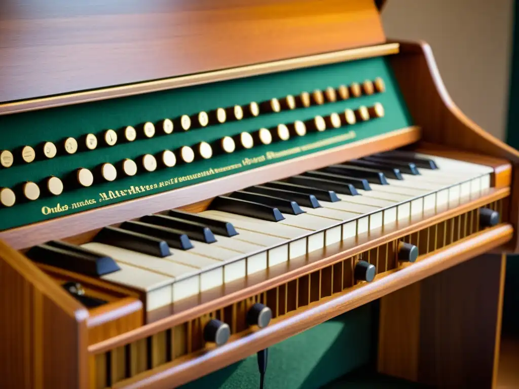 Detalle de un Ondes Martenot vintage iluminado por luz cálida, resaltando su artesanía y la historia del Ondas Martenot