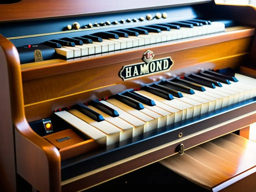 Detalle de un Hammond B3 vintage, evocando la rica historia del impacto del Hammond B3 en el jazz y la música gospel