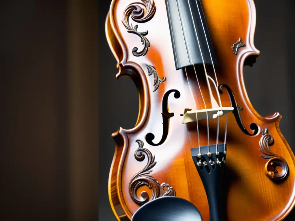 Detalle de un violín barroco con intrincados diseños y tonos cálidos, resaltando la artesanía