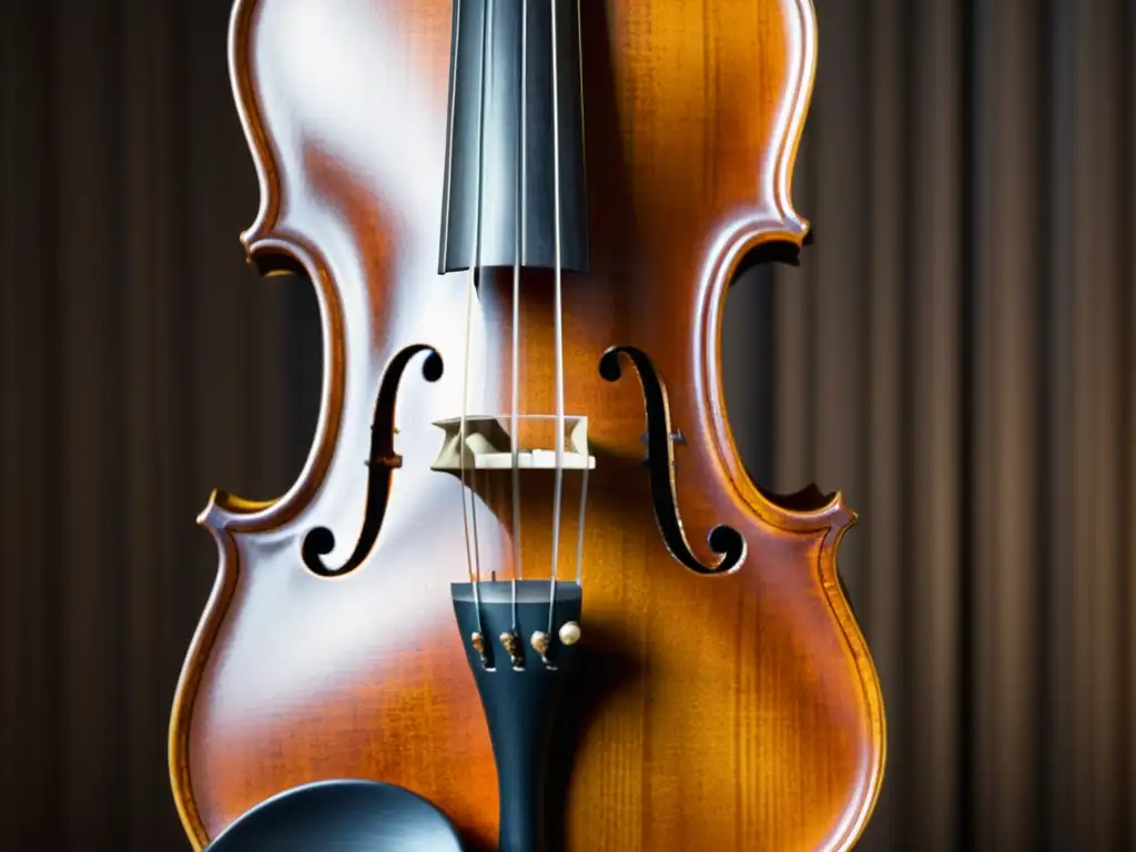 Detalle de un violín barroco, con tallados intrincados, agujeros ornamentales y cuerdas delicadas, resaltando su historia y artesanía